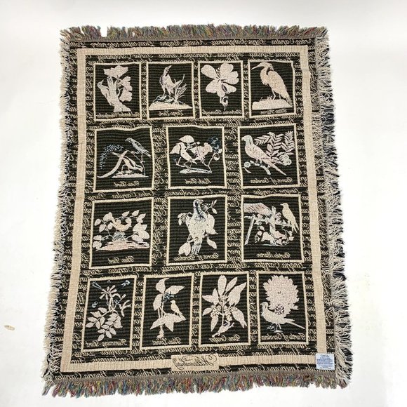 Vintage Tapestry Afghan Woven Blanket Birds Williamsburg 52” x 40" - Picture 8 of 8